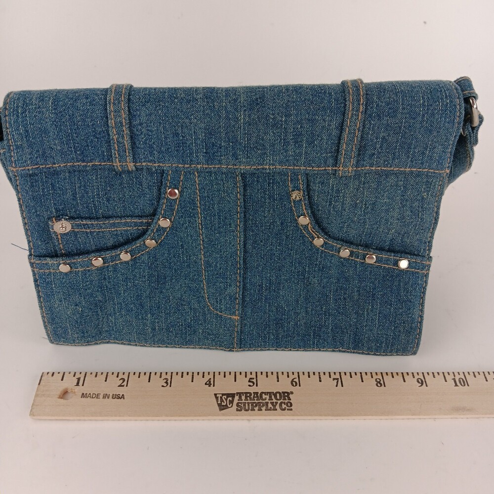 Womens Solid Blue Rectangular Shaped Studded Denim Shoulder Bag - Picture 11 of 13